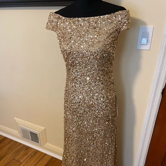 Adrianna Papell | Dresses | Adrianna Papellofftheshoulder Sequined Gown Gold 6 Nwt | Poshmark Adrianna Papell | Dresses | Adrianna Papellofftheshoulder Sequined Gown Gold 6 Nwt | Poshmark